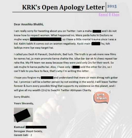 kamaal r khan apology letter to anushka sharma