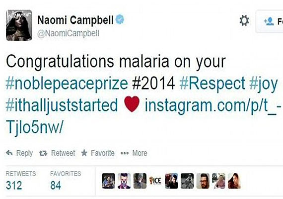 naomi campbell called malala as malaria on twitter