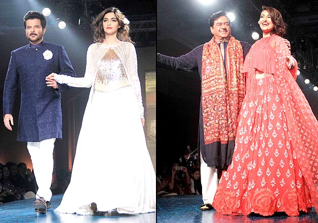 sonam kapoor with anil kapoor and sonakshi sinha with father walking on ramp 