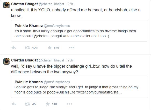 Chetan Bhagat and Twinkle Khanna tweets