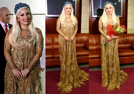 lady gaga in golden sheer gown