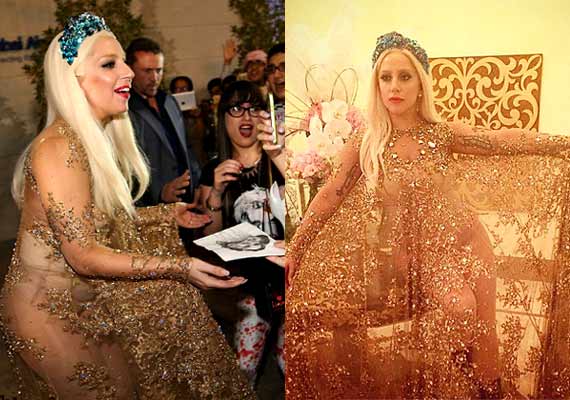 lady gaga in sheer golden gown 