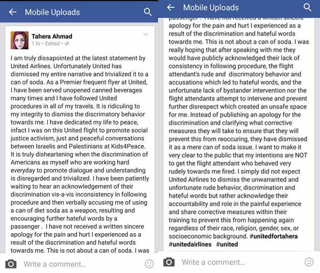 US airline apology Tahera Ahmed