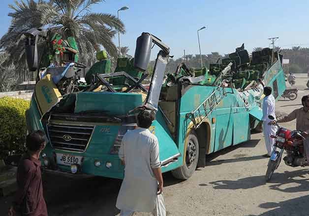 57 killed in bus-oil tanker collision in southern Pakistan