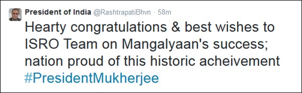 Pranab Mukherjee congratulates ISRO