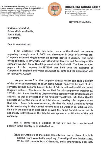 Subramaniam Swamy letter