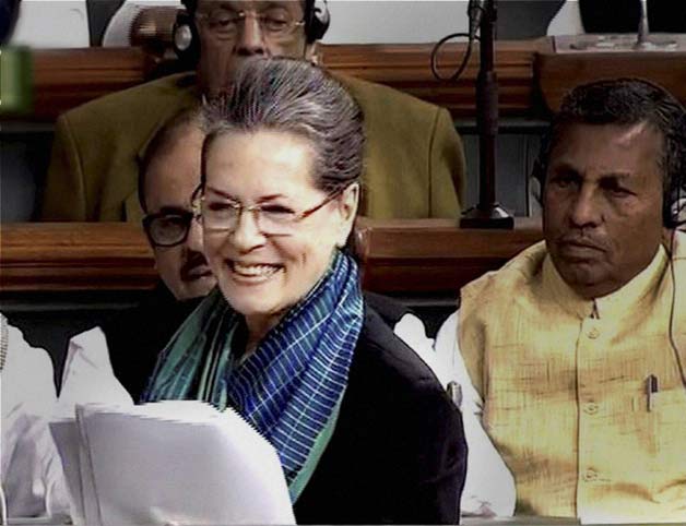 Sonia Gandhi laughing in Lok Sabha